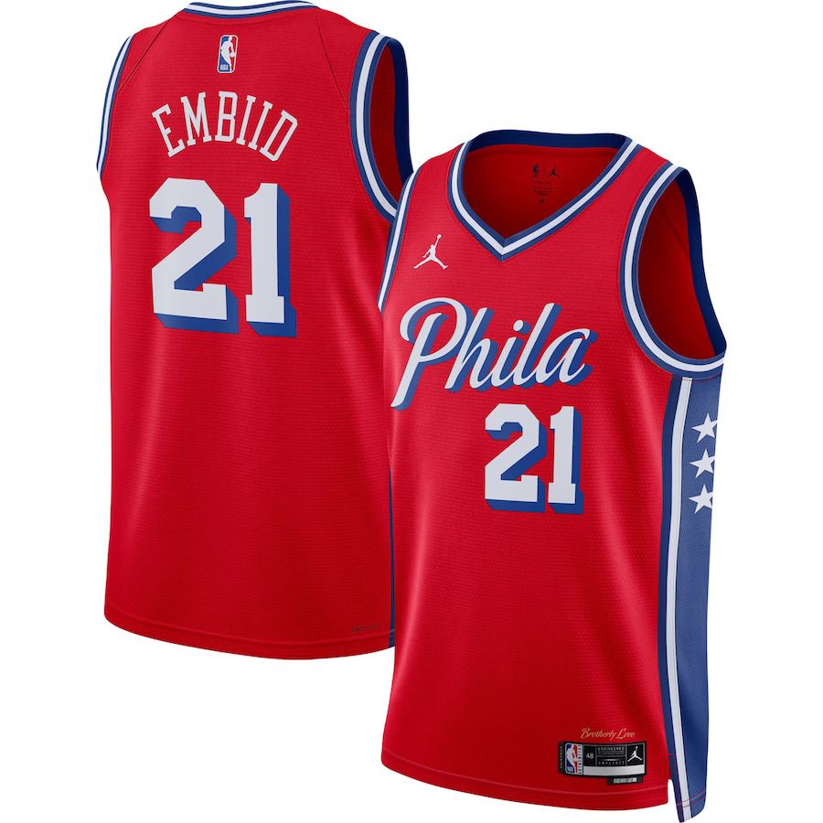 Men Philadelphia 76ers 21 Joel Embiid Jordan Brand Red 2022-23 Statement Edition Swingman NBA Jersey